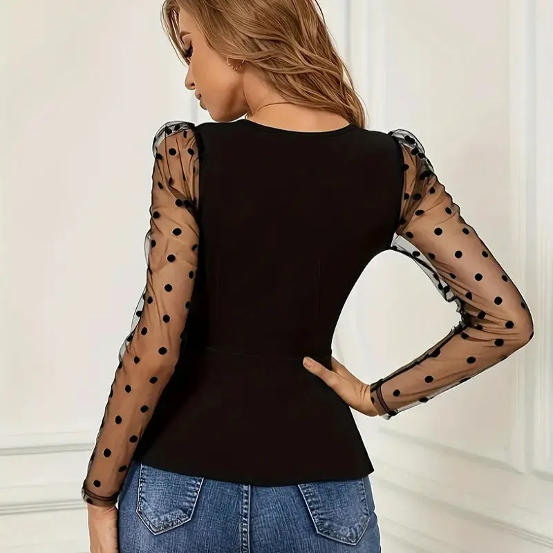 Elegant Mesh Patchwork Long-Sleeve V-Neck Peplum Blouse