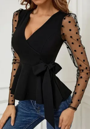Elegant Mesh Patchwork Long-Sleeve V-Neck Peplum Blouse