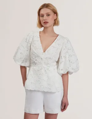 Ellari Balloon Sleeve V Neck Top White