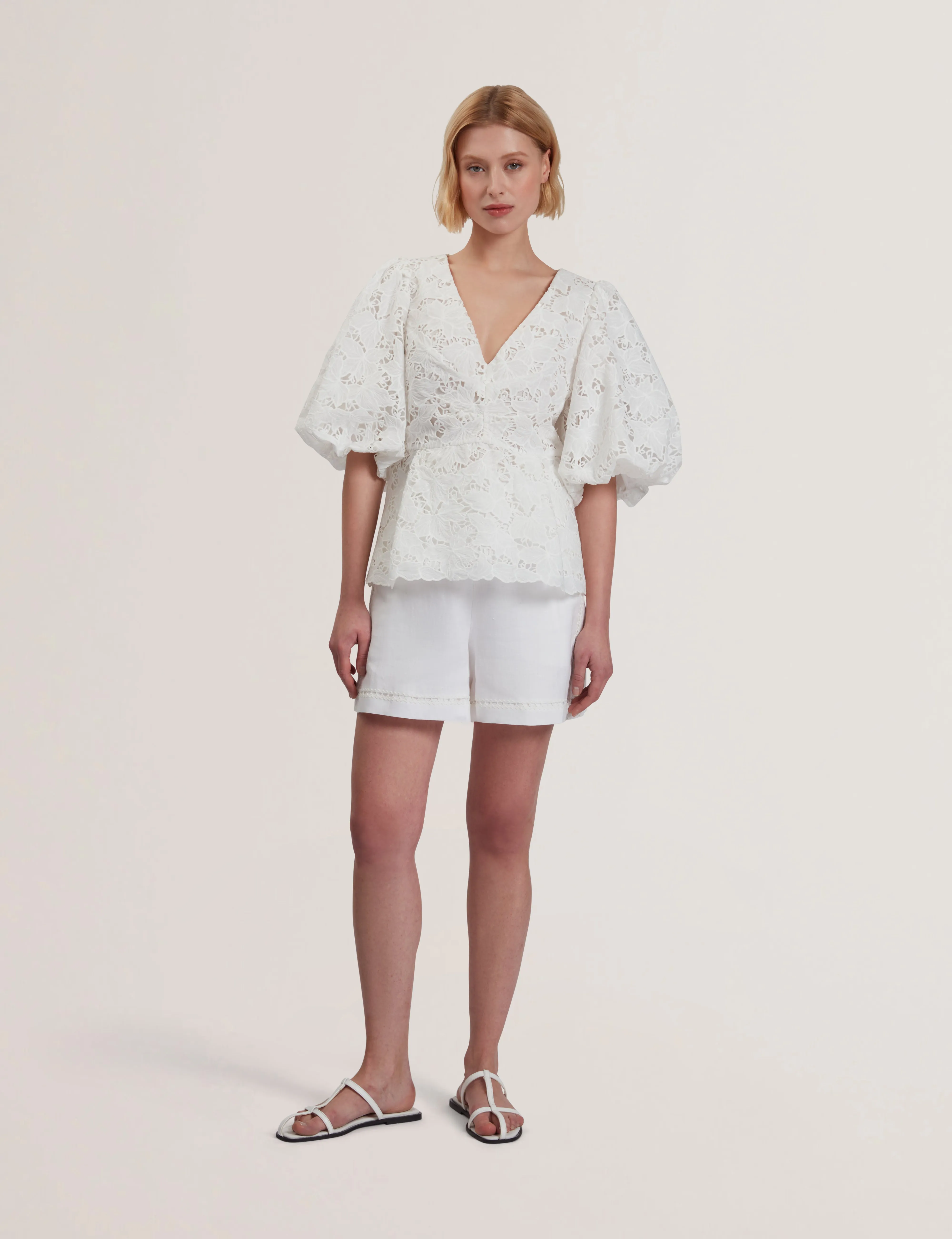 Ellari Balloon Sleeve V Neck Top White
