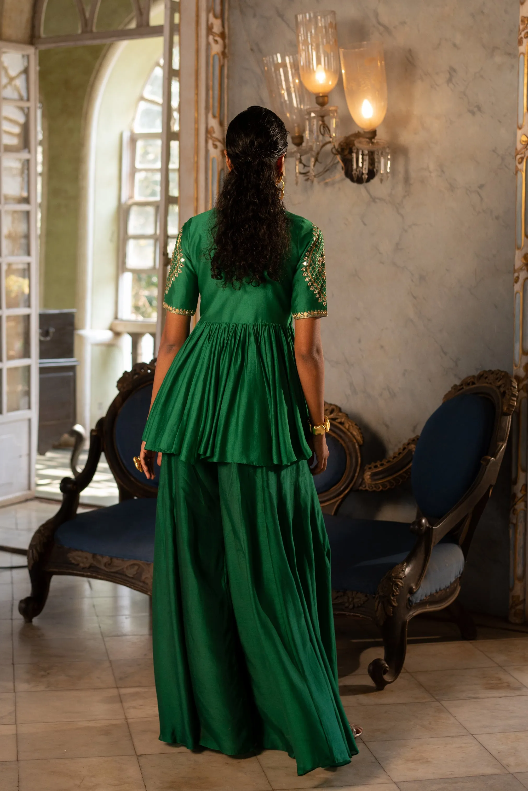 Emerald Green Motif Peplum Set