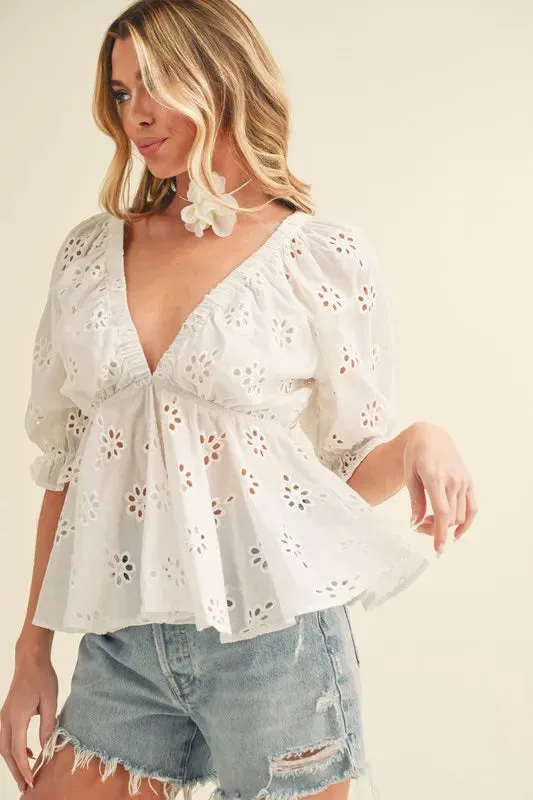 Eyelet Embroidered V-Neck Half Sleeve Peplum Summer Blouse For Women – Elegant and Feminine Cotton Blouse with Chic Eyelet Detailing