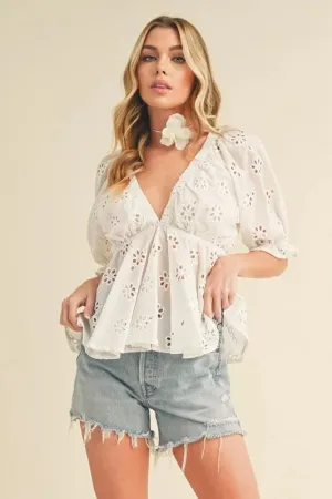 Eyelet Embroidered V-Neck Half Sleeve Peplum Summer Blouse For Women – Elegant and Feminine Cotton Blouse with Chic Eyelet Detailing