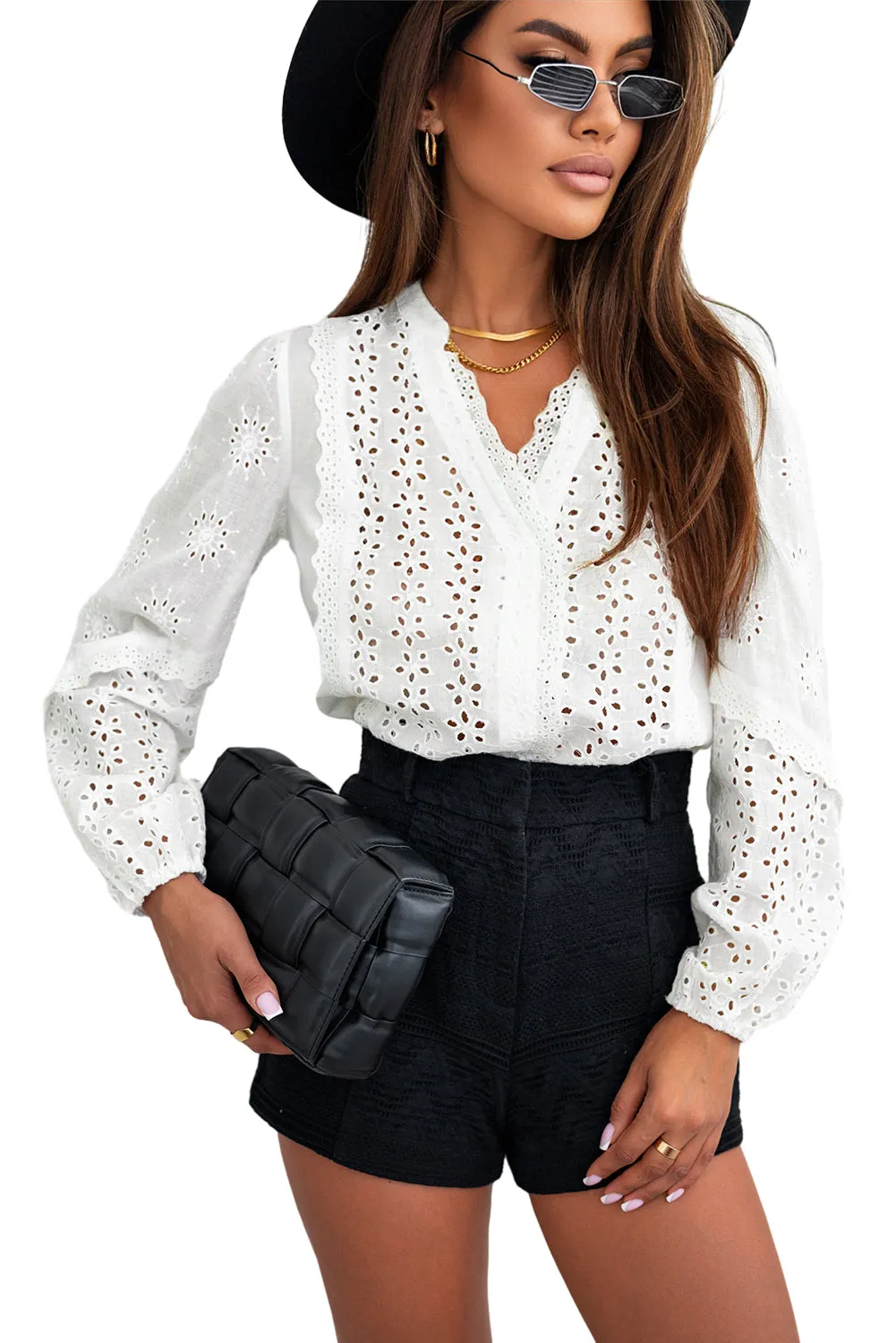 Eyelet Lace Puff Sleeve Blouse