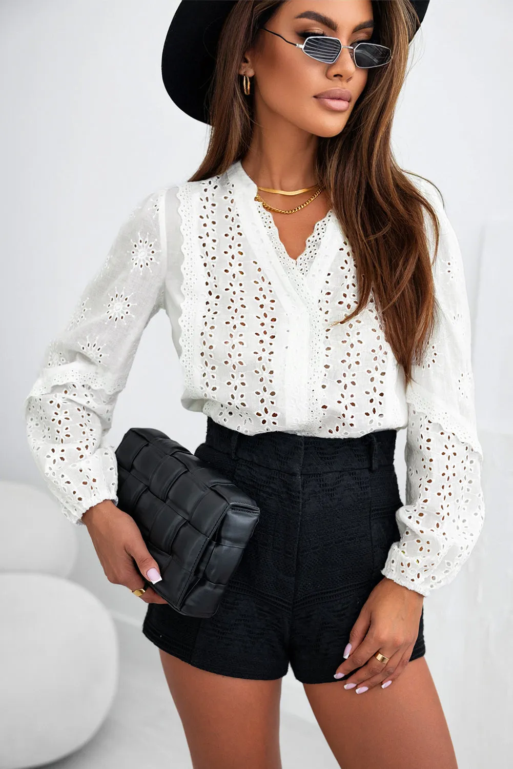 Eyelet Lace Puff Sleeve Blouse