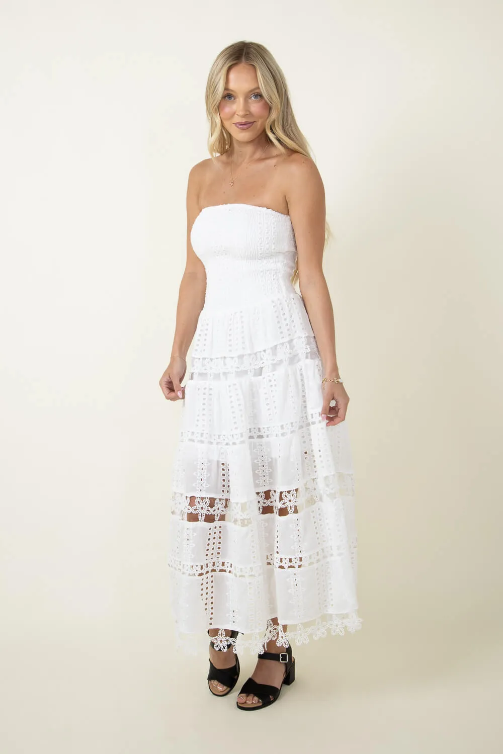 Eyelet Lace Strapless Midi Dress for Women in White | D-2192-H-WHT