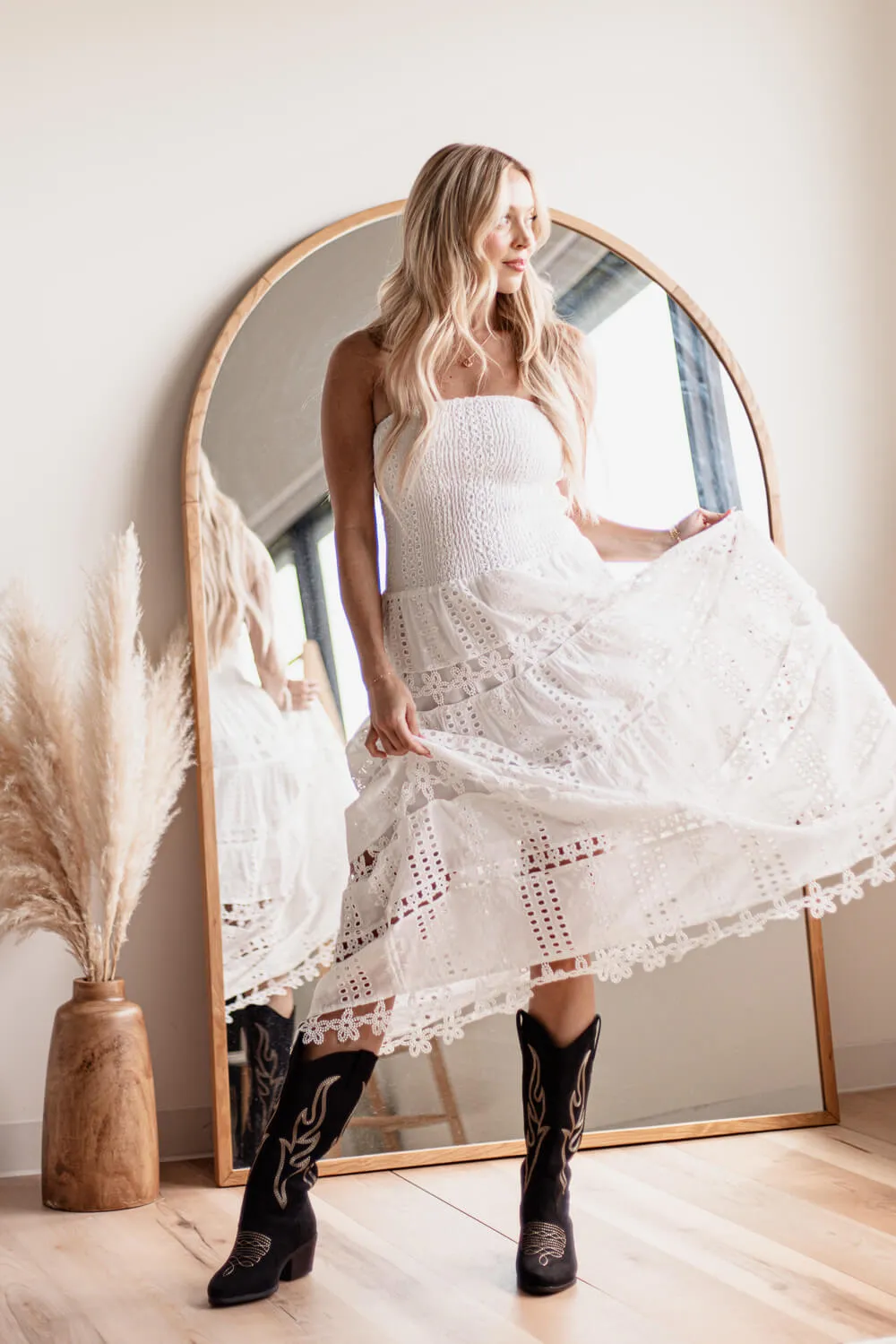 Eyelet Lace Strapless Midi Dress for Women in White | D-2192-H-WHT
