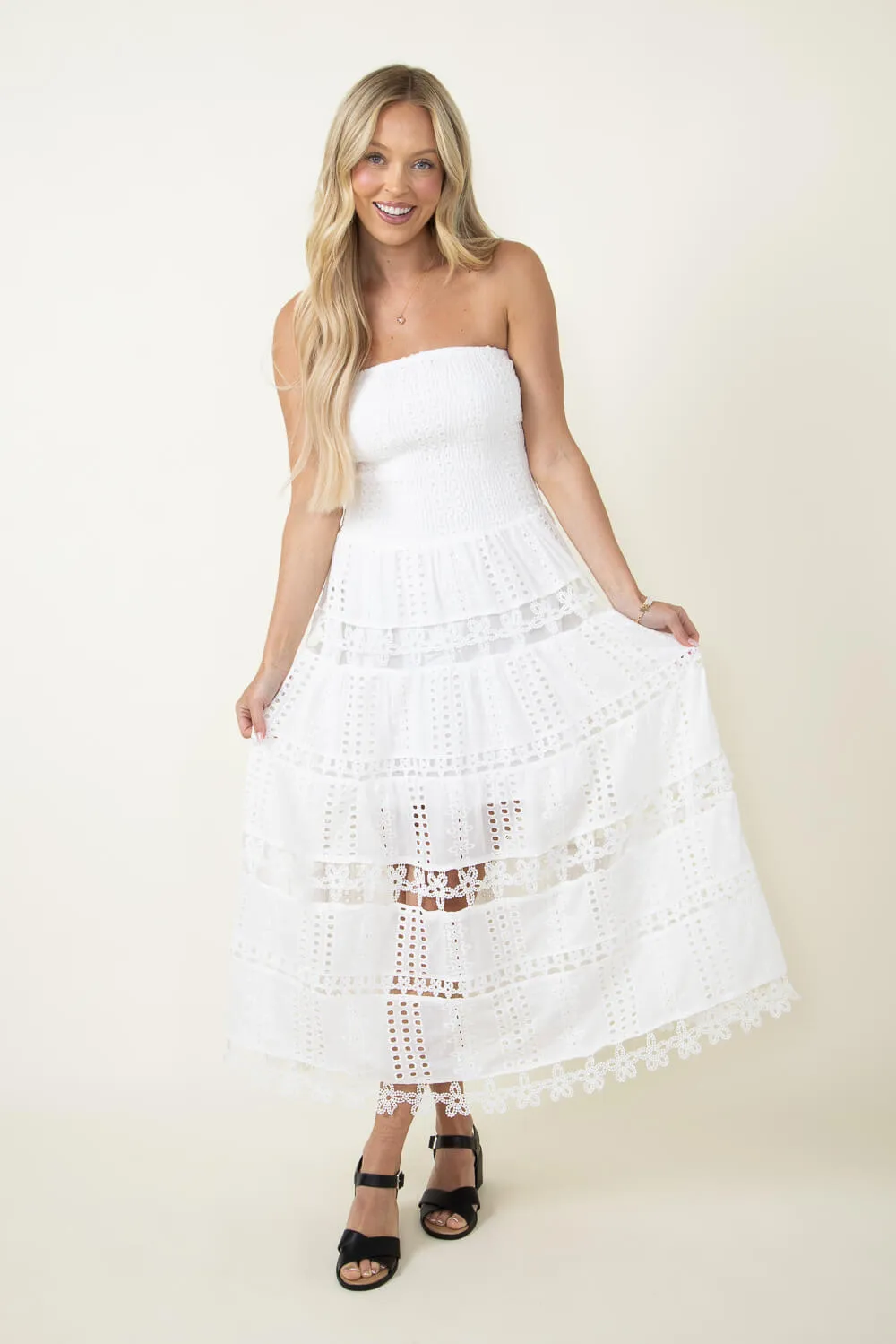 Eyelet Lace Strapless Midi Dress for Women in White | D-2192-H-WHT