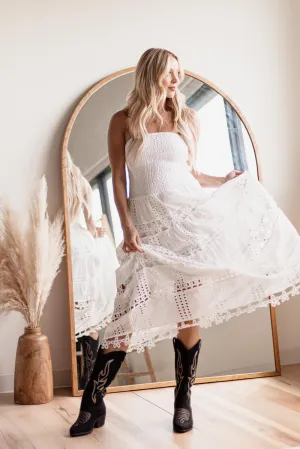 Eyelet Lace Strapless Midi Dress for Women in White | D-2192-H-WHT