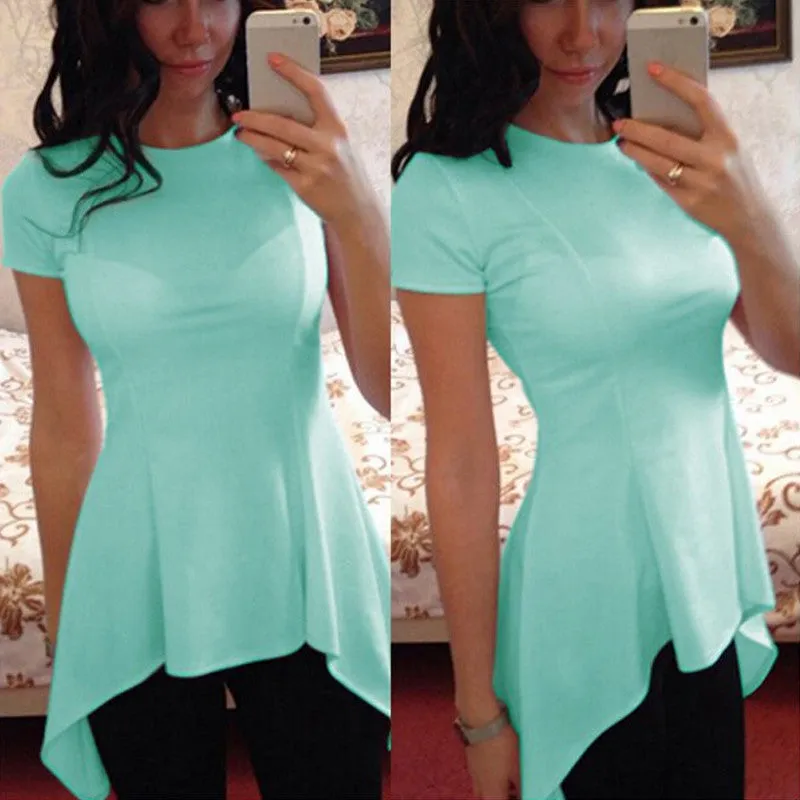 Fashion Irregular Hem Blouse Tops Women Short Sleeve O-neck Peplum Waist Slim Fit Casual Shirts