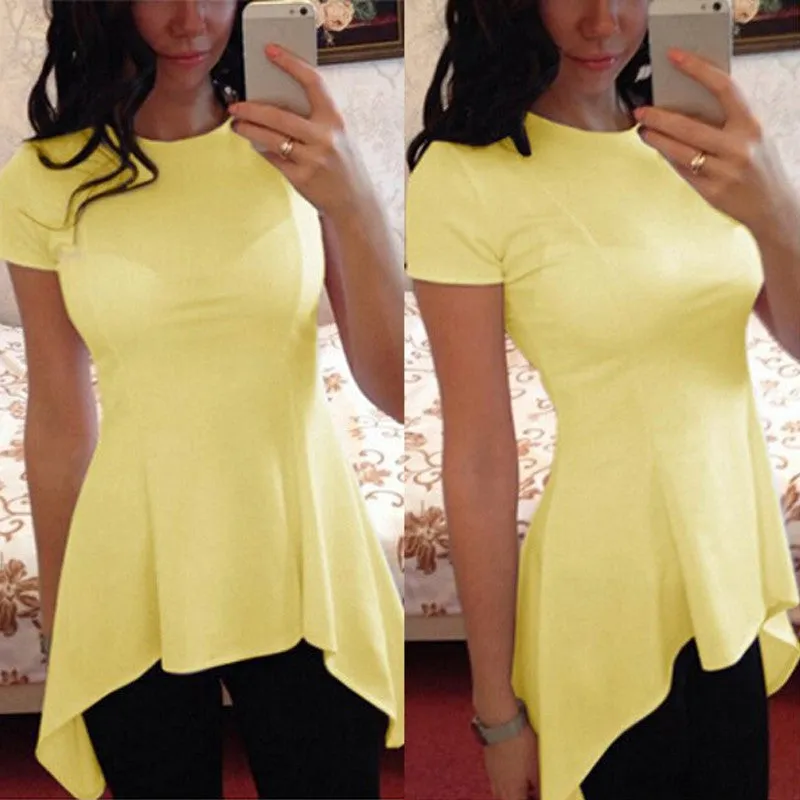 Fashion Irregular Hem Blouse Tops Women Short Sleeve O-neck Peplum Waist Slim Fit Casual Shirts