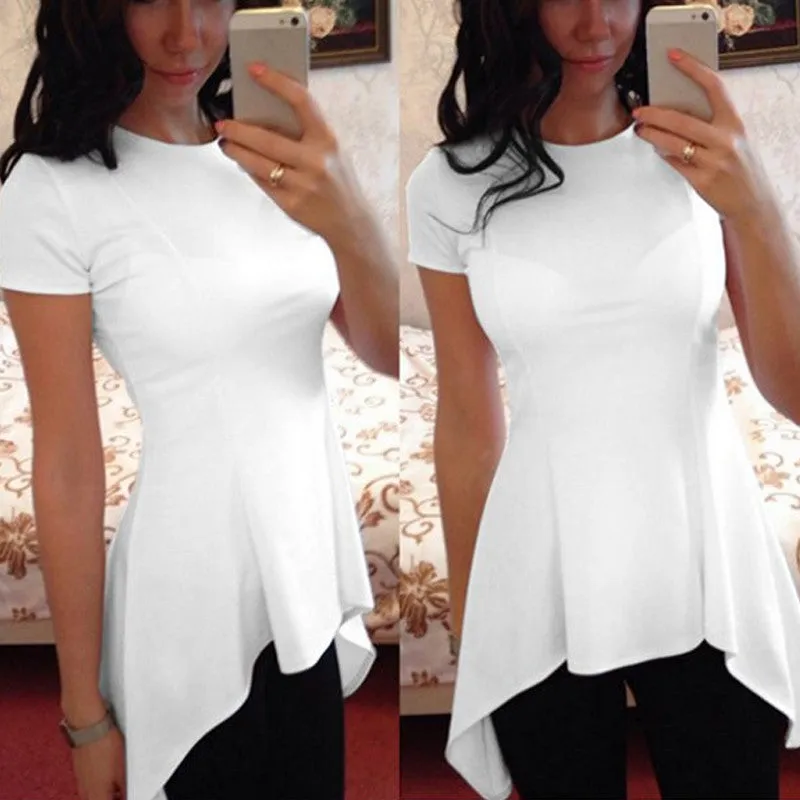 Fashion Irregular Hem Blouse Tops Women Short Sleeve O-neck Peplum Waist Slim Fit Casual Shirts