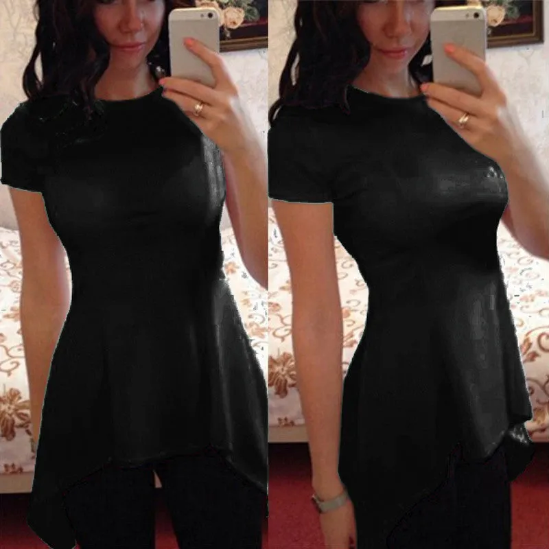 Fashion Irregular Hem Blouse Tops Women Short Sleeve O-neck Peplum Waist Slim Fit Casual Shirts