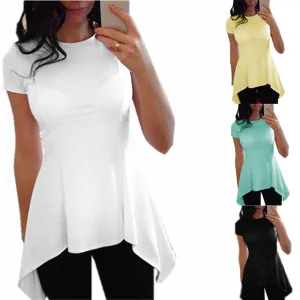 Fashion Irregular Hem Blouse Tops Women Short Sleeve O-neck Peplum Waist Slim Fit Casual Shirts