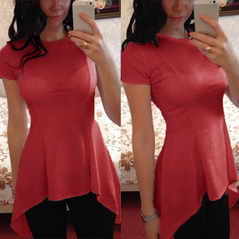 Fashion Irregular Hem Blouse Tops Women Short Sleeve O-neck Peplum Waist Slim Fit Casual Shirts