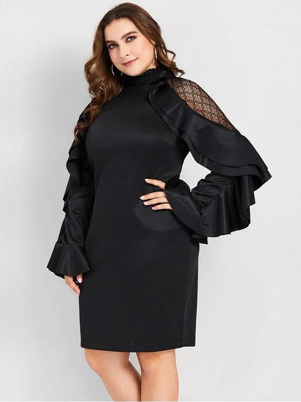 Fashion Mesh Openwork Long Sleeve Dress Ruffled Slim Fit Hip Size Dress