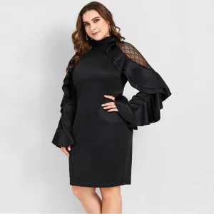 Fashion Mesh Openwork Long Sleeve Dress Ruffled Slim Fit Hip Size Dress
