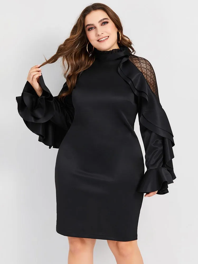 Fashion Mesh Openwork Long Sleeve Dress Ruffled Slim Fit Hip Size Dress