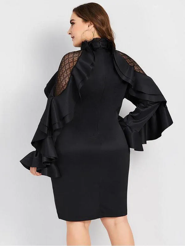 Fashion Mesh Openwork Long Sleeve Dress Ruffled Slim Fit Hip Size Dress