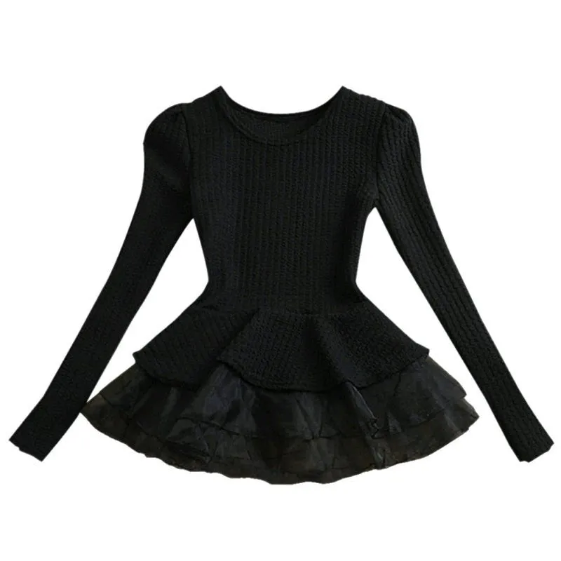 Fashion Women Crew Neck Cotton Peplum Tops Shirt Long Sleeve Blouse