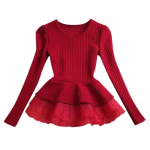 Fashion Women Crew Neck Cotton Peplum Tops Shirt Long Sleeve Blouse