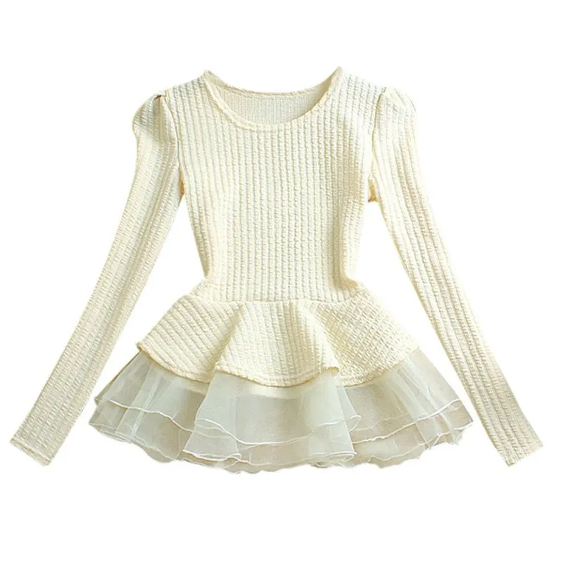 Fashion Women Crew Neck Cotton Peplum Tops Shirt Long Sleeve Blouse