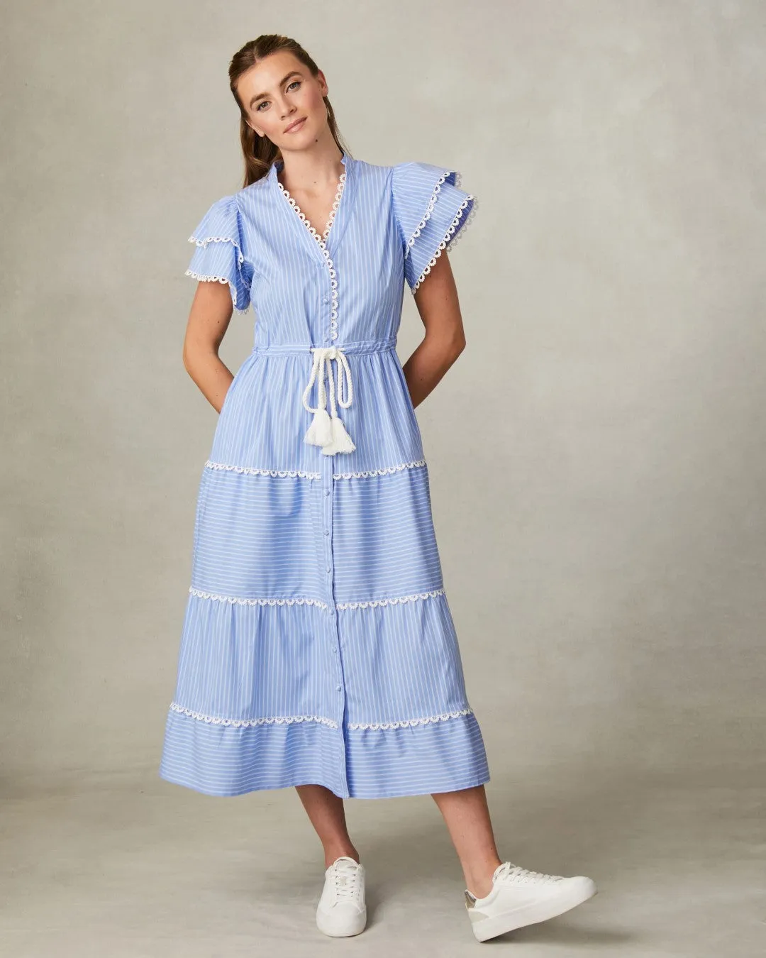 Fee G Eloise Pinstripe Tiered Midi Dress