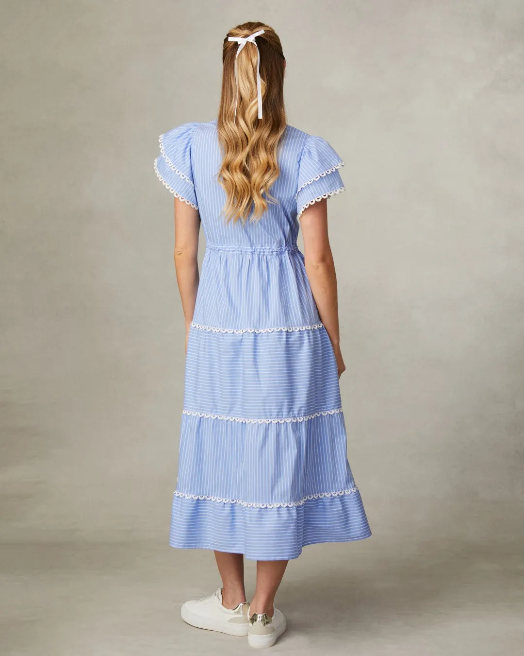 Fee G Eloise Pinstripe Tiered Midi Dress