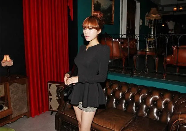 Five Colors V neck Long Puff Sleeve Blouse Shirts Women Plus Size Peplums Slim Fit Cute Umbrella Dress