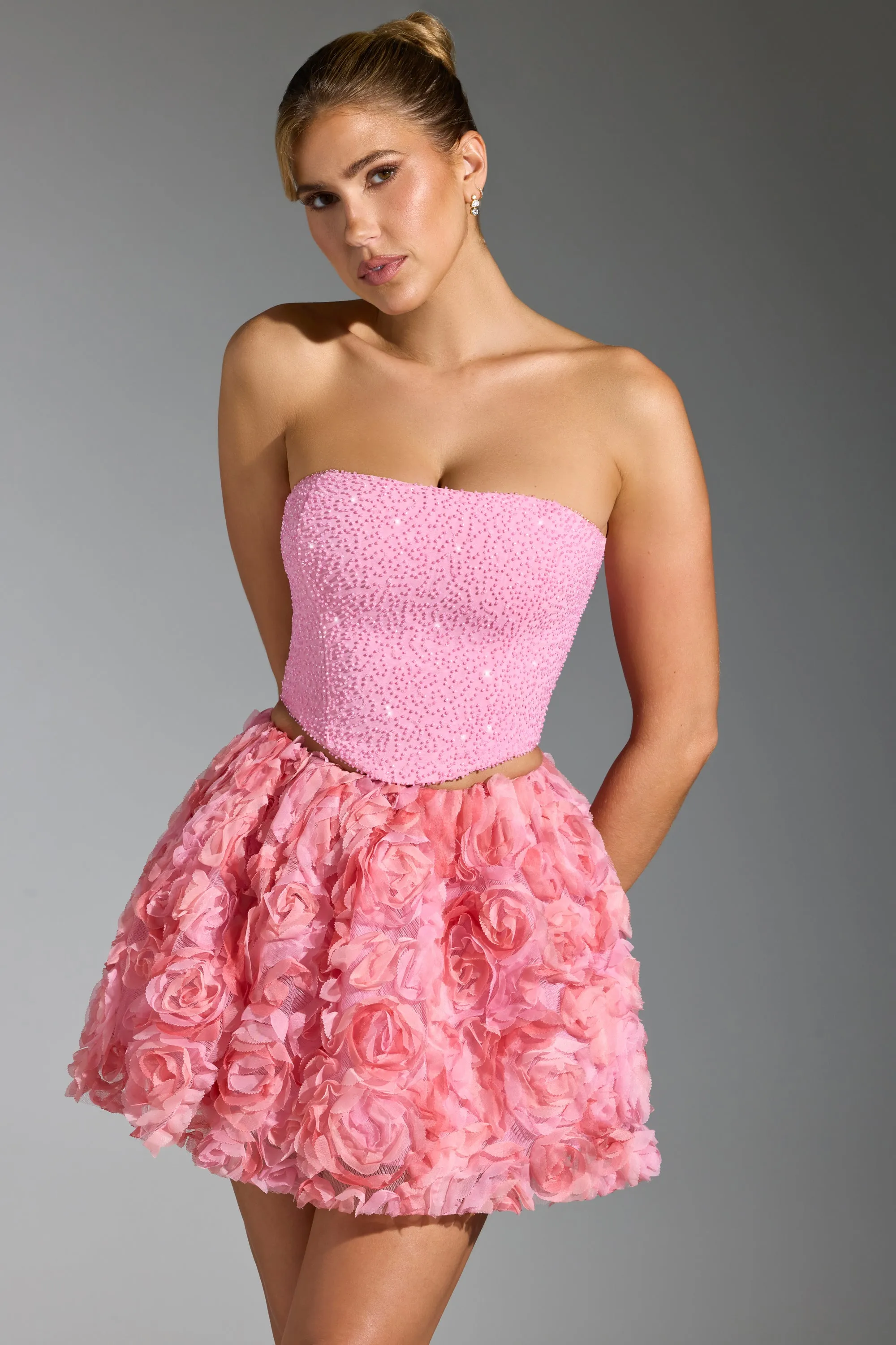 Floral-Appliqué Mini Skirt in Pink