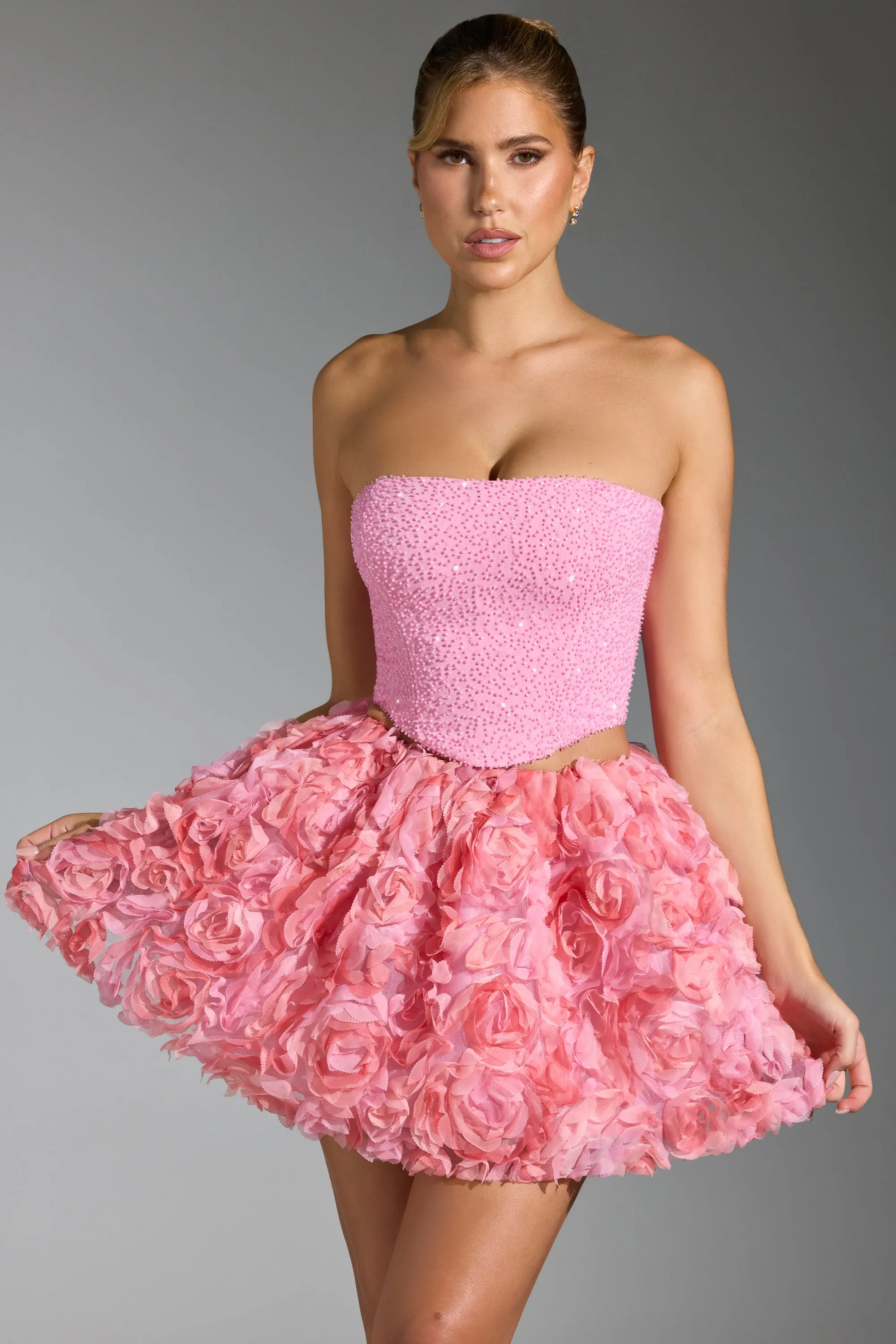 Floral-Appliqué Mini Skirt in Pink