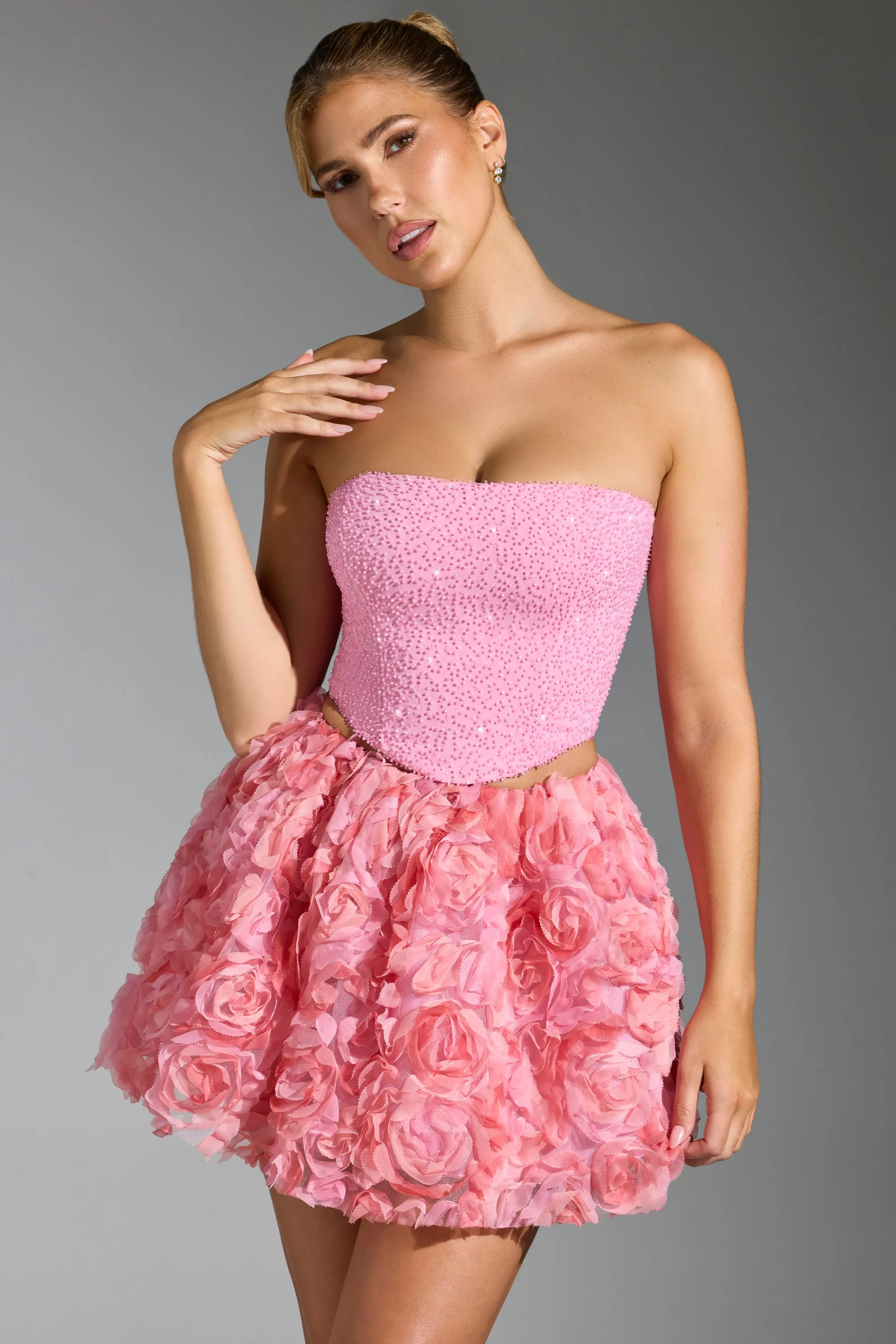 Floral-Appliqué Mini Skirt in Pink