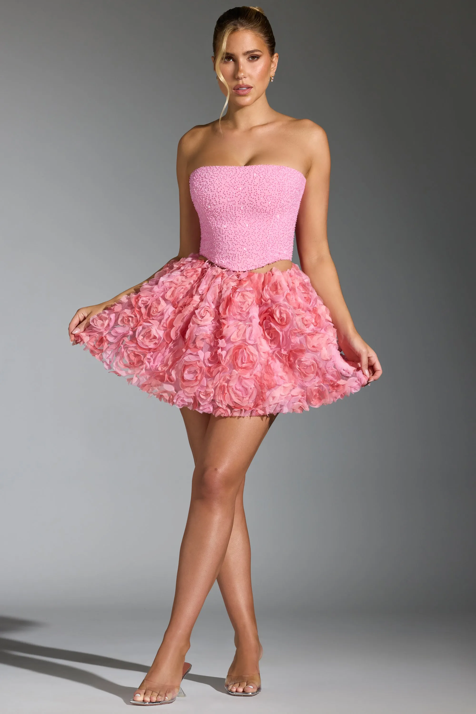 Floral-Appliqué Mini Skirt in Pink