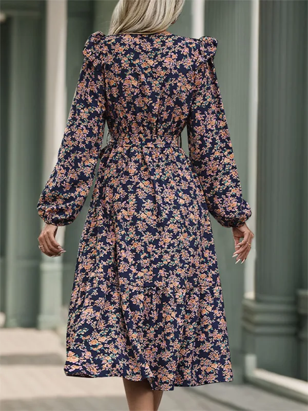 Floral Print V-Neck Midi Dress with Ruffled Sleeves and Tie Waist