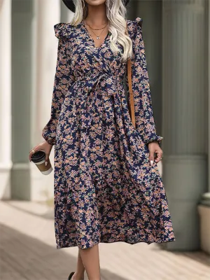 Floral Print V-Neck Midi Dress with Ruffled Sleeves and Tie Waist