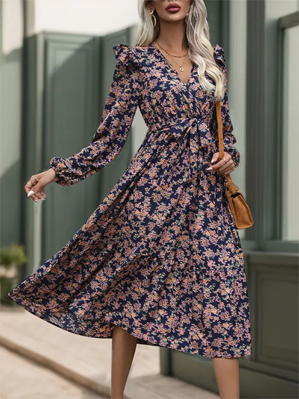 Floral Print V-Neck Midi Dress with Ruffled Sleeves and Tie Waist