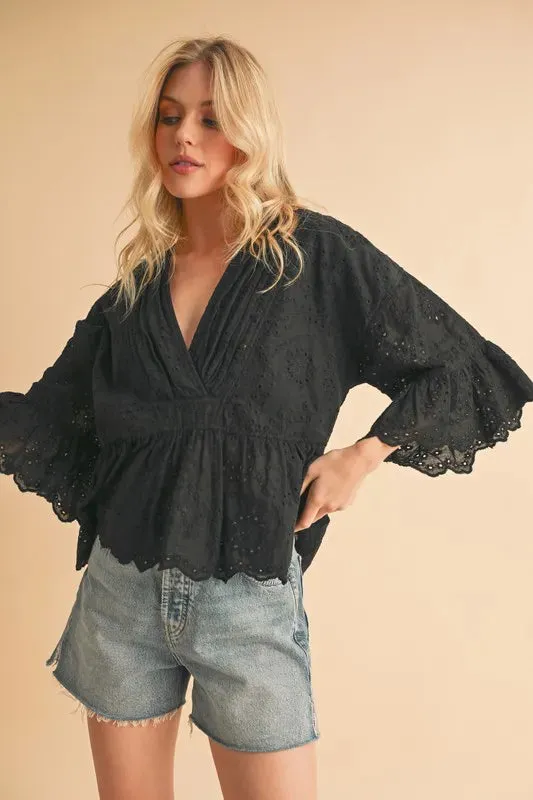 Flounce Sleeve Eyelet Peplum Top For Women – Feminine Fluttering Cotton Comfortable Blouse with Ruffled Peplum Hem and Intricate Eyelet Lace