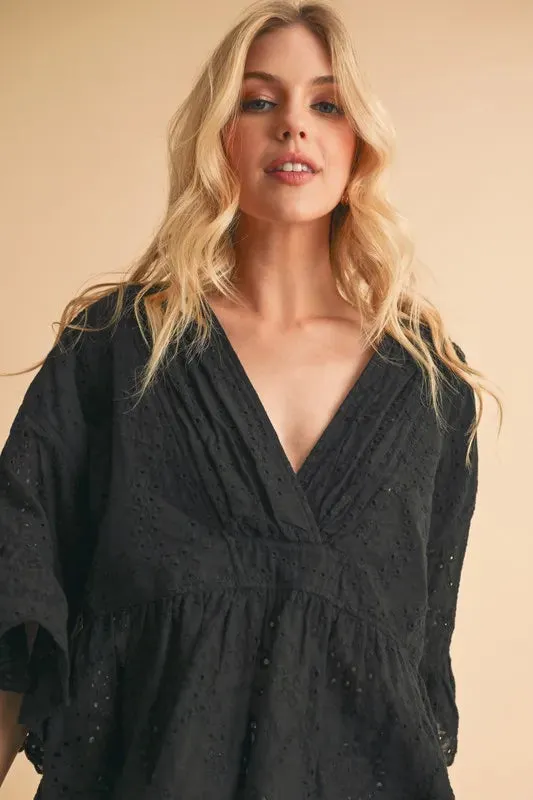 Flounce Sleeve Eyelet Peplum Top For Women – Feminine Fluttering Cotton Comfortable Blouse with Ruffled Peplum Hem and Intricate Eyelet Lace
