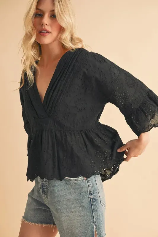 Flounce Sleeve Eyelet Peplum Top For Women – Feminine Fluttering Cotton Comfortable Blouse with Ruffled Peplum Hem and Intricate Eyelet Lace