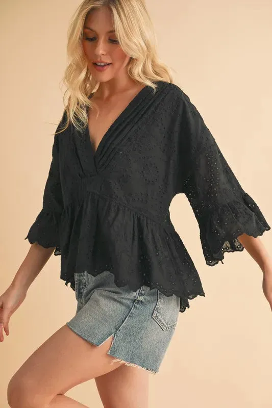 Flounce Sleeve Eyelet Peplum Top For Women – Feminine Fluttering Cotton Comfortable Blouse with Ruffled Peplum Hem and Intricate Eyelet Lace