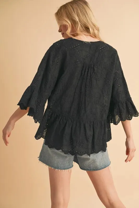 Flounce Sleeve Eyelet Peplum Top For Women – Feminine Fluttering Cotton Comfortable Blouse with Ruffled Peplum Hem and Intricate Eyelet Lace