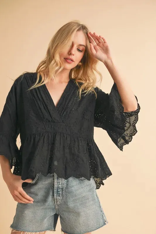 Flounce Sleeve Eyelet Peplum Top For Women – Feminine Fluttering Cotton Comfortable Blouse with Ruffled Peplum Hem and Intricate Eyelet Lace