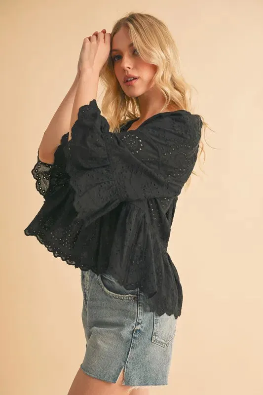 Flounce Sleeve Eyelet Peplum Top For Women – Feminine Fluttering Cotton Comfortable Blouse with Ruffled Peplum Hem and Intricate Eyelet Lace