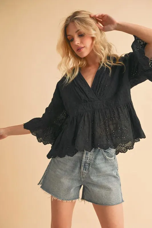Flounce Sleeve Eyelet Peplum Top For Women – Feminine Fluttering Cotton Comfortable Blouse with Ruffled Peplum Hem and Intricate Eyelet Lace