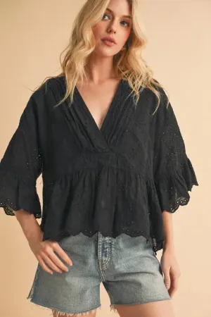 Flounce Sleeve Eyelet Peplum Top For Women – Feminine Fluttering Cotton Comfortable Blouse with Ruffled Peplum Hem and Intricate Eyelet Lace