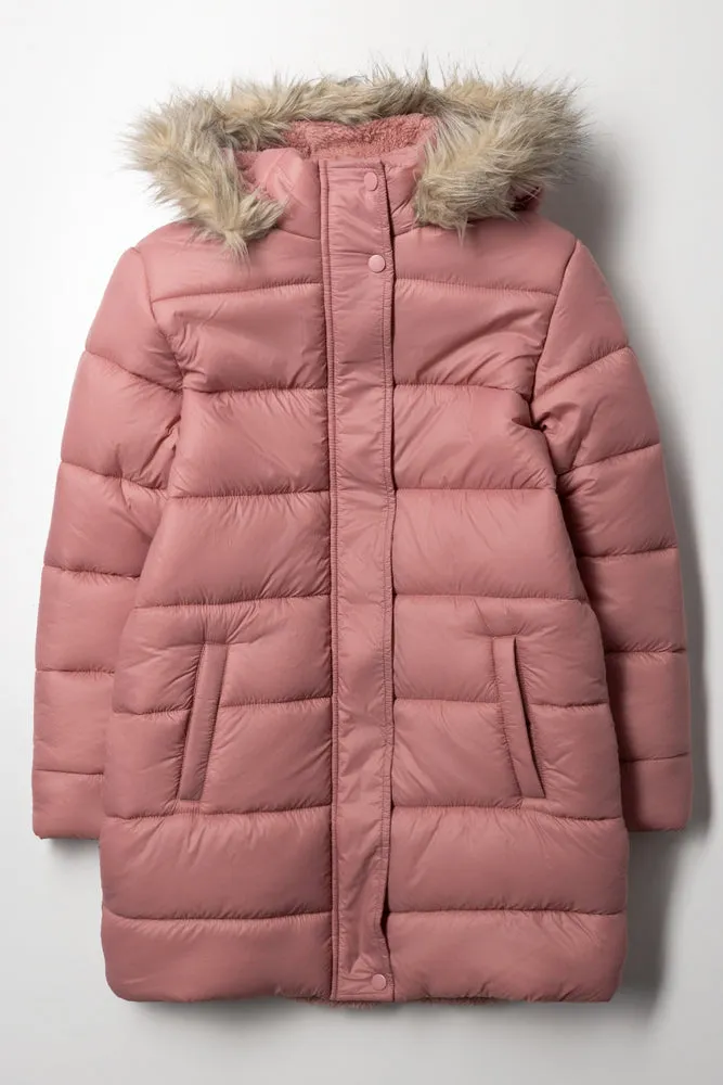 Fur Hooded Long Puffer Jacket Pink