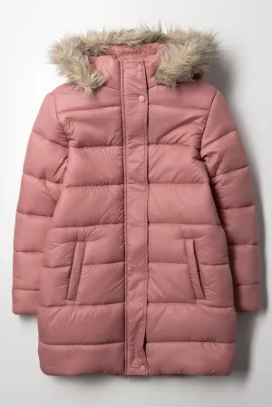 Fur Hooded Long Puffer Jacket Pink