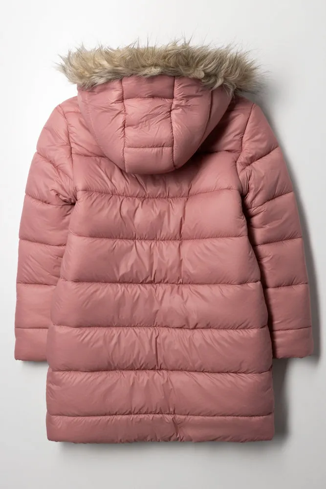Fur Hooded Long Puffer Jacket Pink