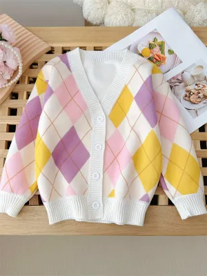 Girls Boys Contrast Argyle Knit Sweater With Fleece Lining, V-neck Cardigan Sweater For Spring And Autumn