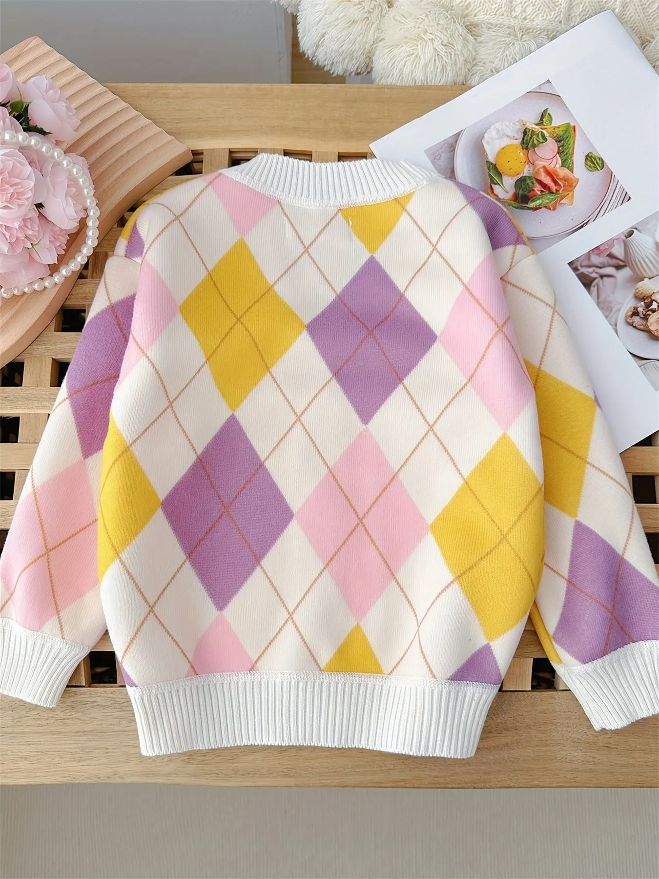 Girls Boys Contrast Argyle Knit Sweater With Fleece Lining, V-neck Cardigan Sweater For Spring And Autumn